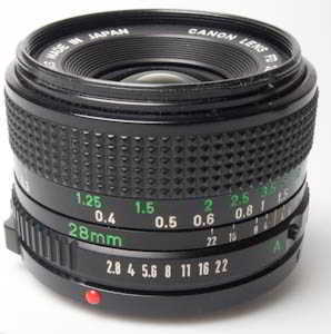 Canon 28mm f/2.8 FD wide-angle 35mm interchangeable lens