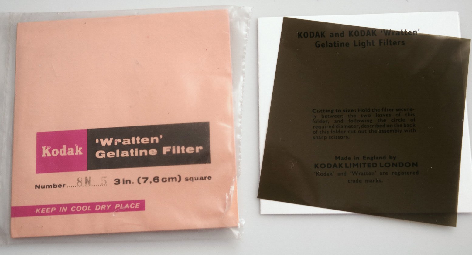 Used Kodak Wratten 8N 5 gelatin filter 3in (76mm) square