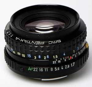 Pentax -A SMC 50mm f/1.7 35mm interchangeable lens